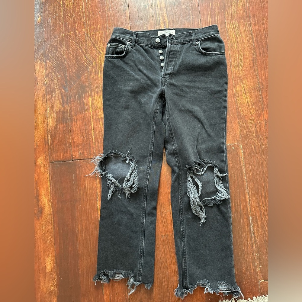 Free People Maggie Distressed Straight Leg Jean, Black, Size 25